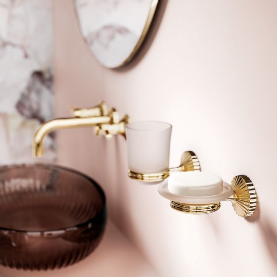 Jörger Design, Cronos, sunshine, la vie en rose, furnishing style, refined, exclusive, elegant, luxurious, romantic, transitional style, wall-mounted washbasin, three-hole, fitting, lever handle, accessories, wall models, soap dish holder, tumbler holder,