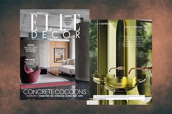 Jörger Design, collage, Elle Decor India, magazine, issue, June, July, 2023, front cover, full page, feature, Valencia, rose gold, labradorite, natural stone, jewellery edition, single lever wall washbasin mixer, Albume, Antonio Lupi