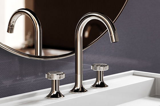 Jörger Design, sophisticated bathroom design, Valencia, polished nickel, Palissandro Blue, marble, natural stone, handle inlay, jewellery edition, washbasin 3-hole mixer, refined, elegant, stylish, luxurious, Milldue, Hilton 05