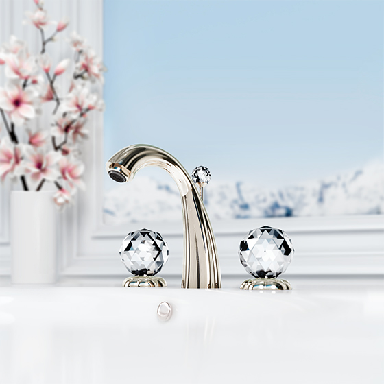 Jörger design, bathroom aesthetics, floral crystal, polished nickel, crystal, decor, glass, clear, luxury, washbasin, faucet, three-hole, battery, classic, elegant, timeless, noble, exquisite, luxurious, nostalgia, romance, retro