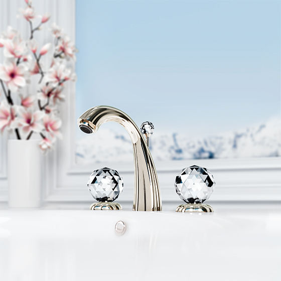 Jörger Design, bathroom aesthetics, florale crystal, polished nickel, crystal, decor, glass, clear, luxury, washbasin, fitting, three-hole, battery, classic, elegant, timeless, noble, exquisite, luxurious, nostalgia, romantic, retro