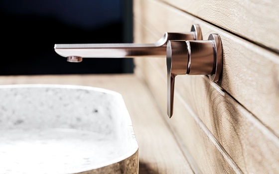 Jörger Design, Exal, bathroom, faucet, fitting, washbasin, single lever wall washbasin mixer, wall model, basin mixer, mink, matt, finish, lifestyle, contemporary, modern, elegant