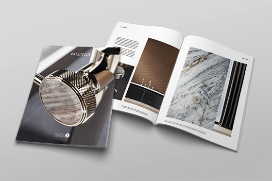 Jörger Design, bathroom, aesthetics, faucets, accessories, brochure, Valencia, polished nickel, Palissandro Blue, marble, natural stone, handle insert, jewelry design, elegant, luxurious, special design, customer request