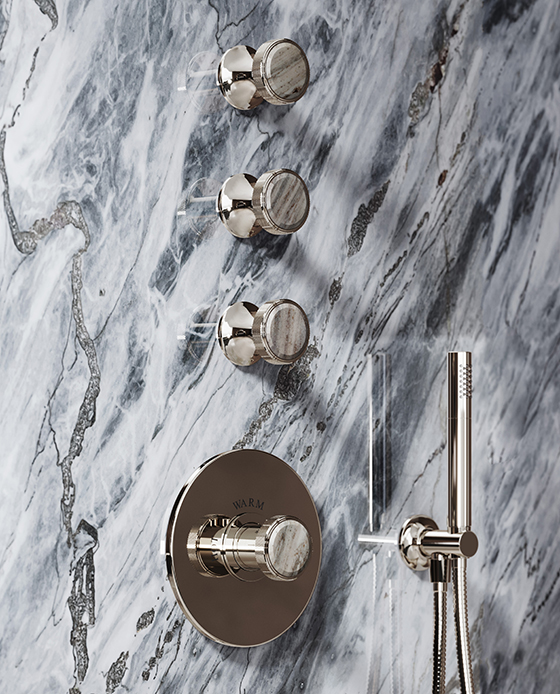 Jörger Design, sophisticated bathroom design, marble, art, Valencia, polished nickel, Palissandro Blue, jewellery edition, shower, concealed thermostat, valve modules, hand shower, rain shower, wall, blue-grey marble, dynamic patterns