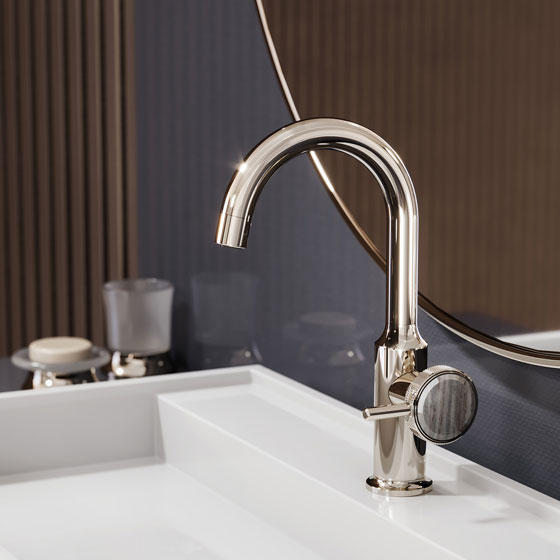 Jörger Design, sophisticated bathroom design, Valencia, polished nickel, Palissandro Blue, marble, natural stone, handle inlay, single lever washbasin mixer, refined, elegant, luxurious