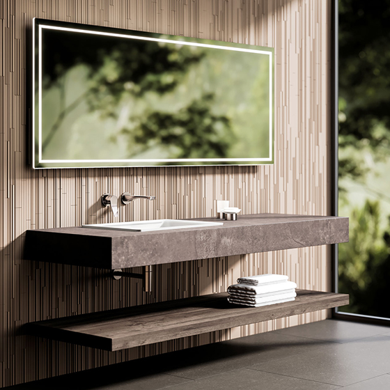 Jörger Design, Eleven, modern, matt nickel, bathroom, washbasin tap, XL, single-lever mixer, projection 173, mm, height 188, minimalist, washbasin system, ceramic basin, Plinio, Cielo, wall tiles, Mutina, Phenomenon, floor tiles, Marazzi