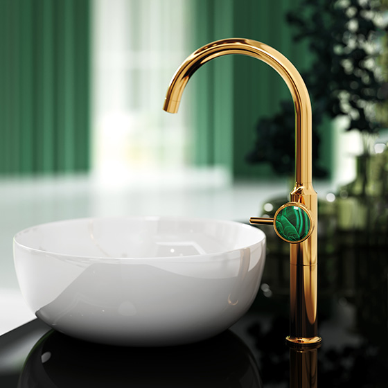 Jörger Design, bathroom aesthetics, fittings, Valencia, gold, malachite, handle, option, jewellery design, high-carat, gemstone, natural stone, exclusive, elegant, luxurious, decorative, single-lever mixer, washbasin, white