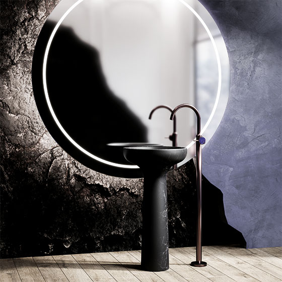 Jörger Design, Valencia, mink matt, tap handles, gemstone, semi-precious stone, blue aventurine, exclusive, elegant, modern, luxurious, free standing, bathroom tap, single lever washbasin mixer, washbasin, Antonio Lupi, Nero Marquinia, black marble, mirro