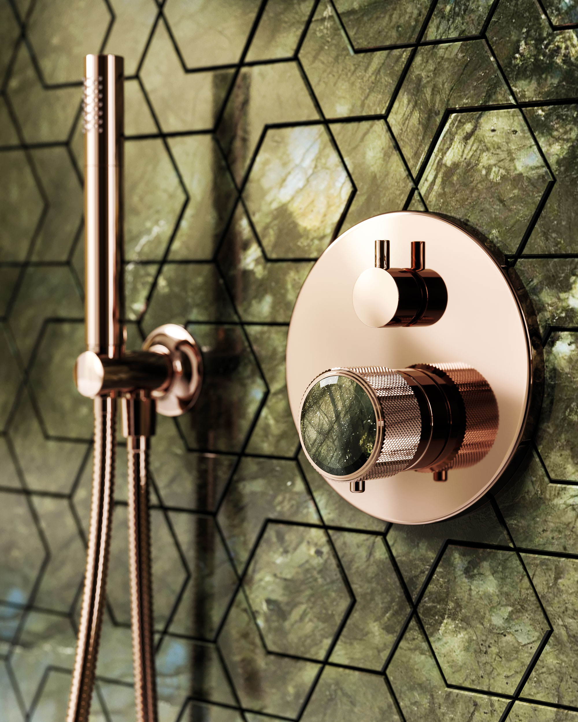 Inspired by Emotion – Welcome to Jörger\'s Ensuite Bathroom with “Valencia”  in Rose Gold with Labradorite - Jörger Bathroom Fittings and Accessories