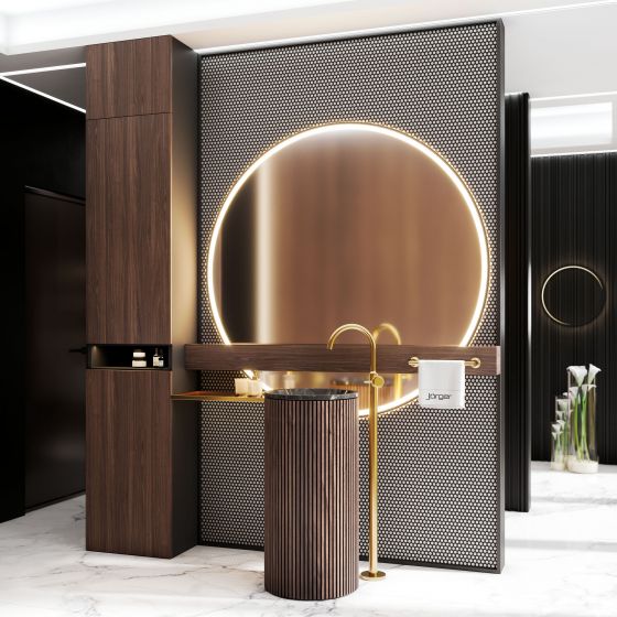 Valencia in gold matt with metal handles, monochromatic look, luxurious bathroom, freestanding tap for floor-standing washbasin, WC area on the left hygienic shower set with concealed 1-hand shower mixer, accessories  