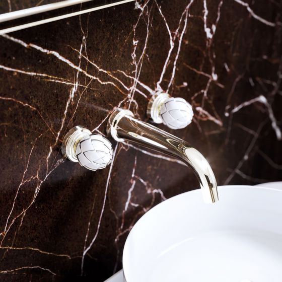 Jörger, Design, Belledor, particularly elegant, wall-mounted washbasin tap in silver nickel, in front of wall in coffee-coloured marble