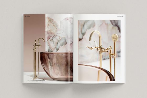 Jörger Design, Cronos in the exclusive finish sunshine, precious brass, double page inside, Jörger Magazine 2022, new catalogue, collection, designer luxury fittings, collections, bathroom fittings, bathroom accessories, Joerger