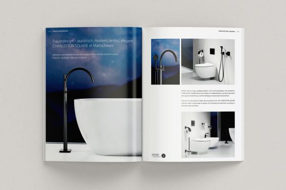 Jörger Design, Charleston Square in matt black, double page inside, Jörger Magazine 2022, new catalogue, collection, designer luxury fittings, collections, bathroom fittings, bathroom accessories, Joerger