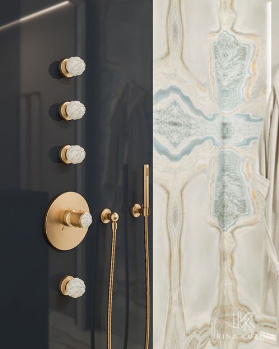Concealed wall thermostat and wall valve, shower combination | product series Belledor in sunshine matt | with porcelain handles by Porzellanmanufaktur FÜRSTENBERG.