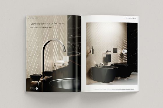 Jörger Design, Empire Royal Crystal in satin nickel with black crystal handles, double page inside, Jörger Magazine 2022, new catalogue, collection, designer luxury fittings, collections, bathroom fittings, bathroom accessories, Joerger