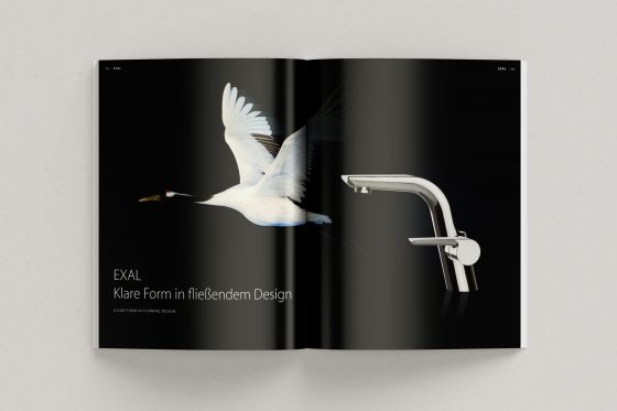 Jörger Design, exemplary inspiration picture, inspopic, sample inspiration image, design by Exal, crane in flight, double page inside, Jörger Magazine 2022, new catalogue, collection, designer luxury fittings, collections, bathroom fittings, bathroom acce