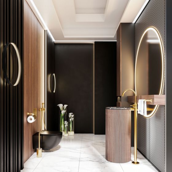 Valencia in gold matt with metal handles, monochromatic look, luxurious bathroom, freestanding tap for floor-standing washbasin, WC area on the left hygienic shower set with concealed 1-hand shower mixer, accessories  