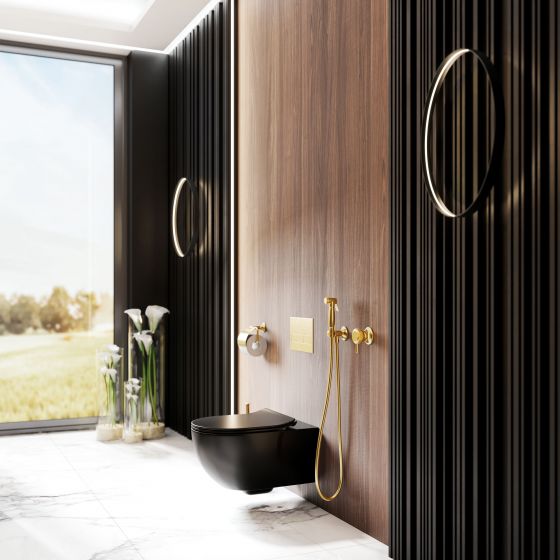 Valencia, hygienic shower set with concealed 1-hand shower mixer in matt gold, matching accessories for the WC area, toilet paper holder, free-standing toilet brush set, actuator plate for WC flushing refined in matt gold