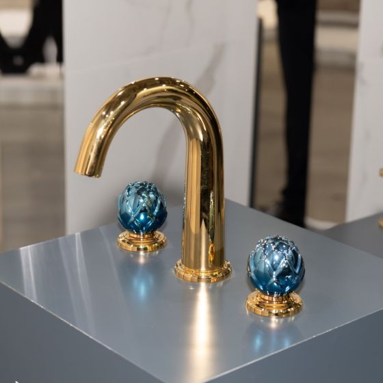 Jörger Design, Belledor, 3-Loch-wannearmatur, Gold, Porzelangriffe, Azurblau mit Perlmutt-Effekt