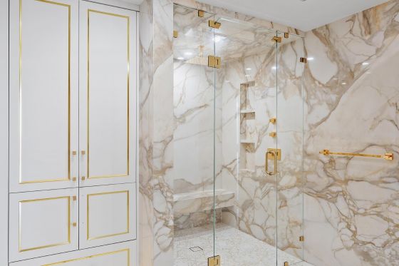 Jörger Design, Empire Royal, design fitting, concealed thermostat gold, valve modules, shower, sophisticated bathroom in Florida, shower mixer