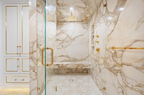 Joerger Design, Empire Royal, designer tap, concealed thermostat gold, valve modules, shower, Luxury bathroom in Florida, Marble calacatta