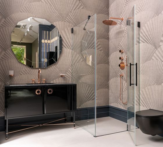 Bathroom furnishing with Valencia in rose-gold with black crystal by Jörger in an exhibition in Moscow 