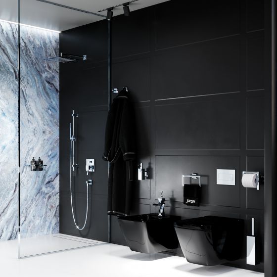 Jörger Design, modern, maritime, nautic style, bathroom design, inspiration, trend colour, black, Turn, chrome, shower combination, rain shower, hand shower, bidet fitting, accessories, toilet