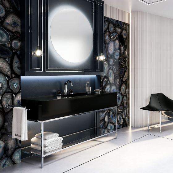 Jörger, Design, Belledor, washbasin fitting in chrome with black porcelain handles in the shape of a flower with platinum painting in a Neo-Déco bathroom, together with accessories such as a toothbrush tumbler.