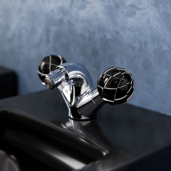 Jörger, Design, Belledor bidet mixer in chrome with black porcelain handles in the shape of a flower with platinum painting in a Neo-Déco bathroom.