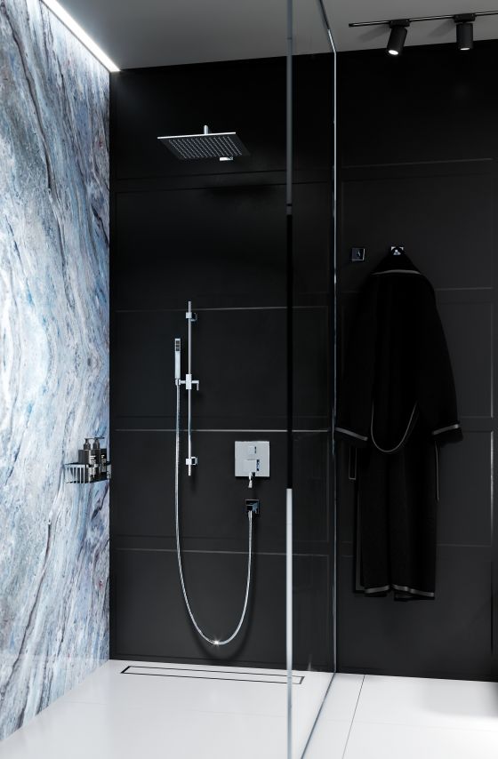 Jörger Design, modern, maritim, Bad-Design, Dusche, ebenerdig, Inspiration, Trendfarbe, Schwarz, Turn, Chrom, Duschkombination, Regenbrause, Handbrause