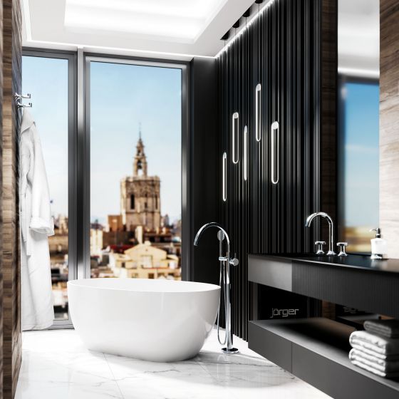 Смесители для раковины и ванны, настольные аксессуары Valencia в хроме в интерьере современной ванной комнаты