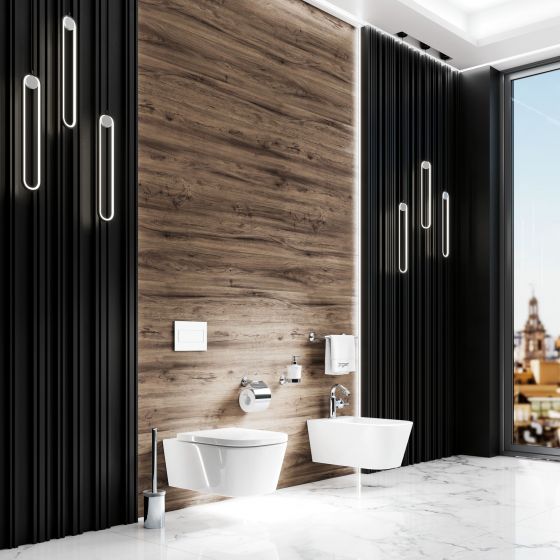 Valencia in Chrom mit Bidet-Armatur und Accessoires im Bereich WC und Bidet eines modernen Bad-Interieurs