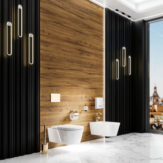 Valencia in Edelmessing mit Bidet-Armatur und Accessoires im Bereich WC und Bidet eines modernen Bad-Interieurs, vorn im Bild die neue freistehende Toilettenbürstengarnitur 