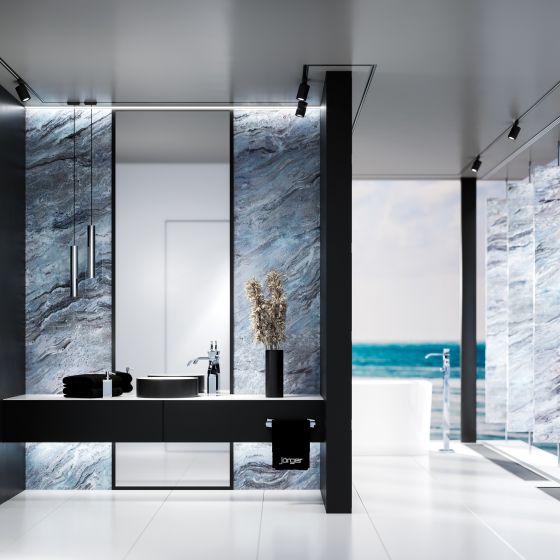 Jörger Design, modern, maritime, nautic style, bathroom inspiration, trend colour, black, Turn, chrome, wall design, straight-lined design, architectural clarity, transparency