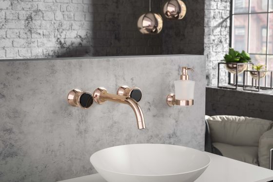 JÖRGER Wall-washbasin 3-hole mixer in rosé gold with black crystal handles