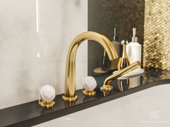 JÖRGER Belledor Tub/shower mixer set in gold (24 carat) by Jörger with porcelain handles by Porzellanmanufaktur FÜRSTENBERG. 