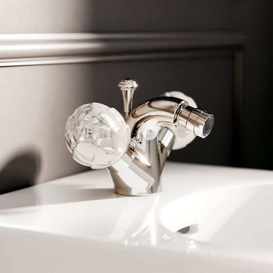 Jörger Design, Belledor, polished nickel, Mother of Pearl, mother-of-pearl, single-hole fitting, bidet, jewellery design, exclusive, luxurious, elegant, Fürstenberg, wall-mounted bidet, Laufen, The New Classic, white