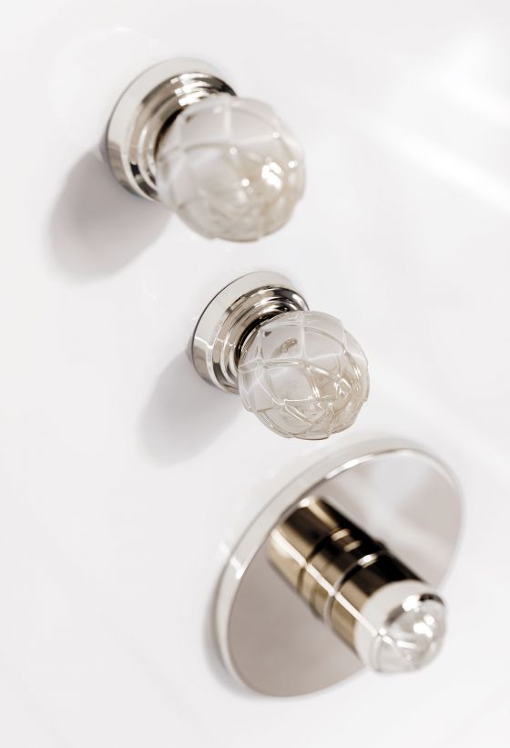 Jörger Design, Belledor, polished nickel, porcelain, decor, handles, Mother of Pearl, mother-of-pearl, concealed thermostat, concealed valve modules, shower