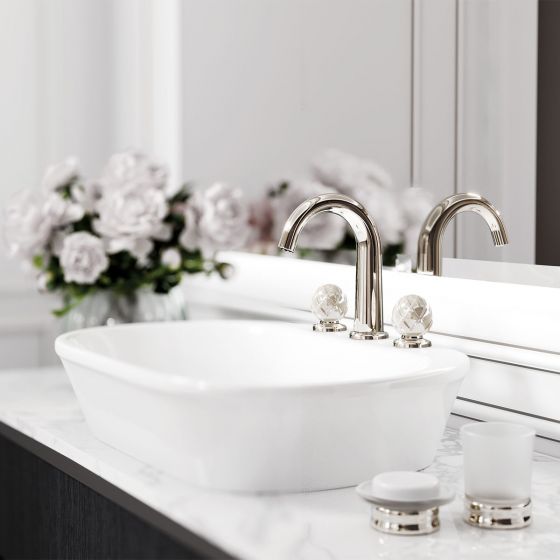 Jörger Design, Belledor, polished nickel, porcelain, handles, Mother of Pearl, mother-of-pearl, three-hole fitting, washbasin, jewellery design, exclusive, luxurious, classic, elegant, Fürstenberg,  New York, white, Milldue