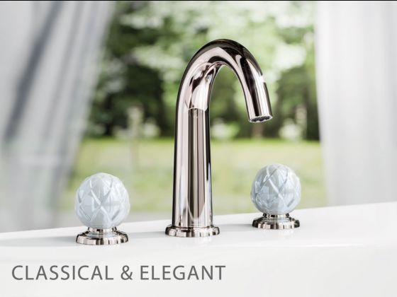 JÖRGER design style classical and elegant Belledor washbasin tap in silver nickel with mother-of-pearl coated porcelain handles