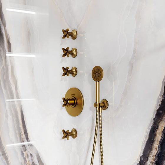 Jörger Design, Cronos, bronze, brushed, shower, concealed thermostat, valve modules, cross handles, hand shower, shower back wall, onyx, natural stone, polished, style, luxurious, classic, elegant