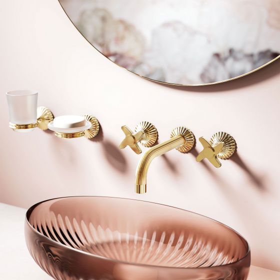 Jörger Design, Cronos, sunshine, la vie en rose, furnishing style, refined, exclusive, elegant, luxurious, romantic, transitional style, wall-mounted washbasin, three-hole, fitting, cross-handle, Retro, Vintage, Nostalgia, soap dish holder, tumbler holder