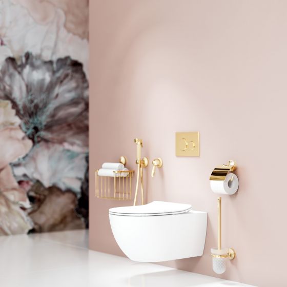 Jörger Design, Cronos, sunshine, la vie en rose, furnishing style, refined, exclusive, elegant, luxurious, romantic, transitional style, ablution spray combination, lever handle, wall accessories, Flaminia, wall-hung WC, hung WC, Joerger