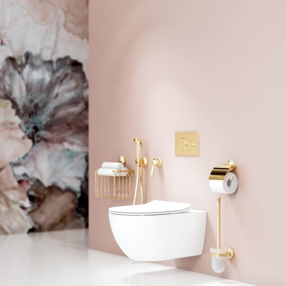 Jörger Design, Cronos, Edelmessing, la vie en rose, Einrichtungsstil, edel, exklusiv, elegant, luxuriös, romantisch, transitional style, Hygienebrause-Garnitur, Hebelgriff, Wand-Accessoires, Flaminia, Wand-WC, Hänge-WC, Joerger 