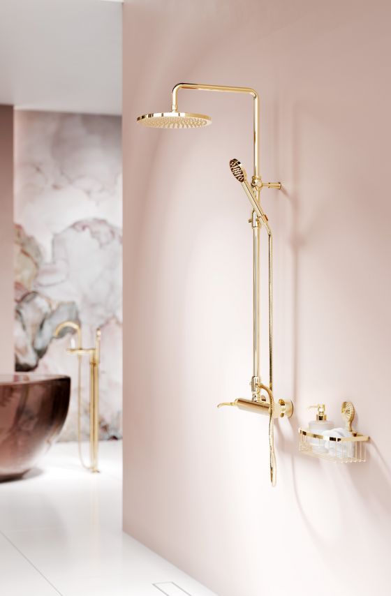 Jörger Design, Cronos, sunshine, la vie en rose, furnishing style, refined, exclusive, elegant, luxurious, romantic, transitional style, shower bar set, exposed thermostat, lever handle, rain shower, sponge basket, wall design, Niveum, Wall, Deco, Joerger