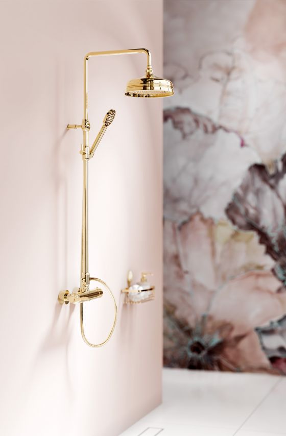 Jörger Design, Cronos, sunshine, la vie en rose, furnishing style, refined, exclusive, elegant, luxurious, romantic, transitional style, shower bar set, exposed thermostat, lever handle, rain shower, Retro, Vintage, Nostalgia, sponge basket, wall design, 