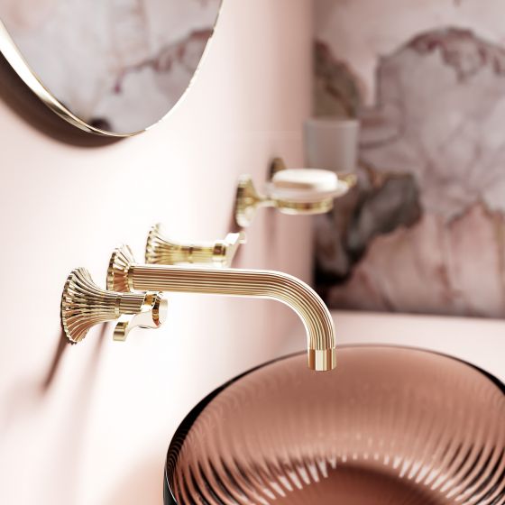 Jörger Design, Cronos, sunshine, la vie en rose, furnishing style, refined, exclusive, elegant, luxurious, romantic, transitional style, wall-mounted washbasin, three-hole, fitting, lever handle, Cronos rosette, wall accessories, soap dish holder, tumbler