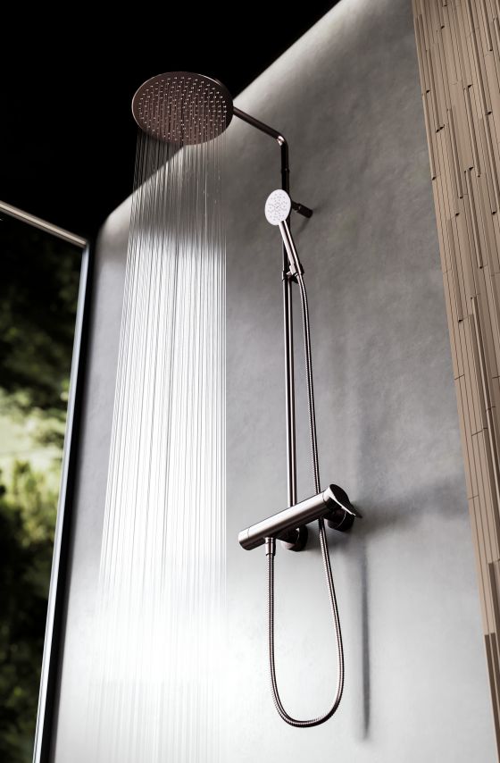 Jörger Design, Eleven, bathroom, modern, mink matt, fitting, tap, shower, shower combination, rain shower, hand shower, shower system, exposed, shower mixer, Mutina, Phenomenon, Yoshioka, tiles, porcelain stoneware,  Joerger