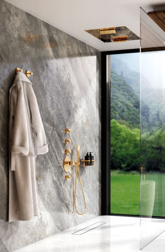 Jörger, Exal, modern, luxurious, shower system, exclusive finish sunshine, surface, electroplated, gold plated, carat, 18, golden hue, sunny appearance, concealed thermostat, valve modules, hand shower, ceiling shower panel, sponge basket