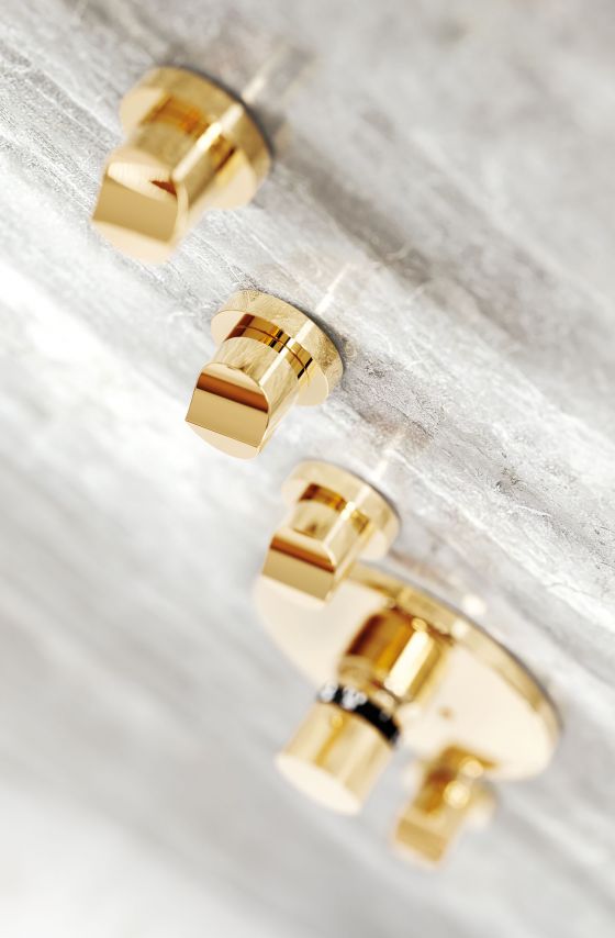 Jörger, Exal, modern, luxurious, shower, concealed thermostat, concealed valve modules, exclusive finish sunshine, surface, electroplated, gold plated, carat, 18, golden hue, sunny appearance